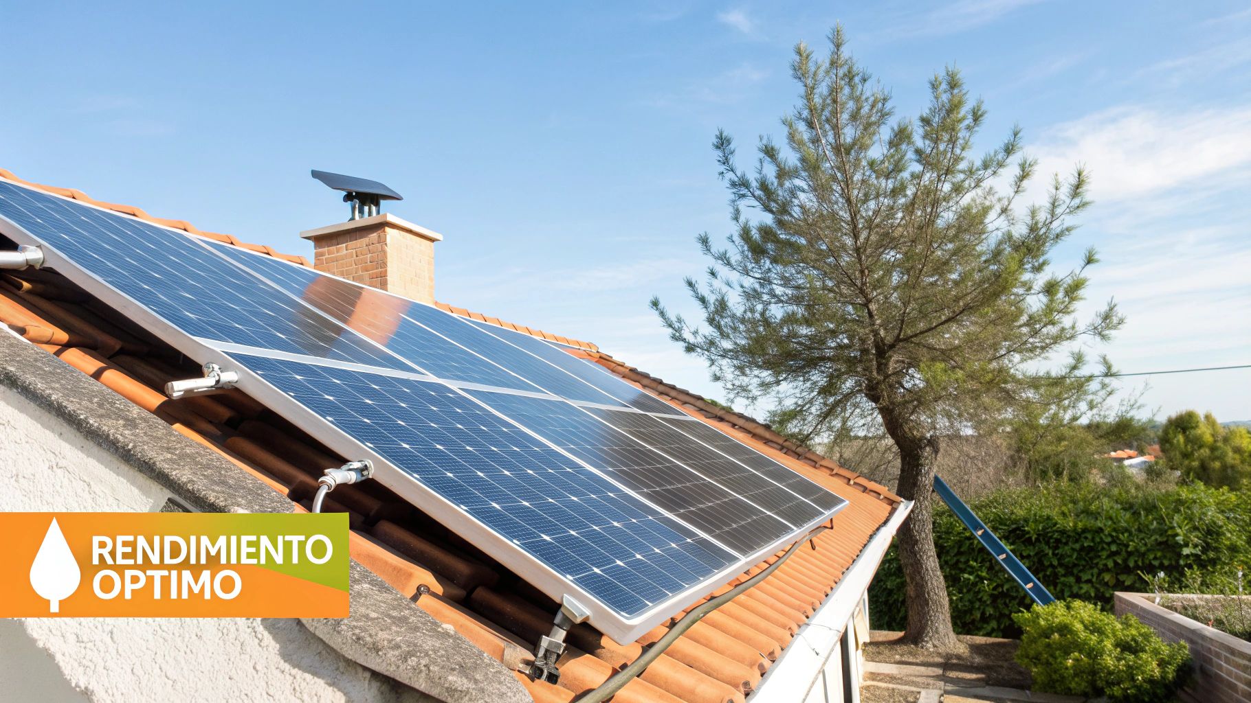 Un técnico limpiando paneles solares en un tejado bajo un cielo parcialmente nublado.
