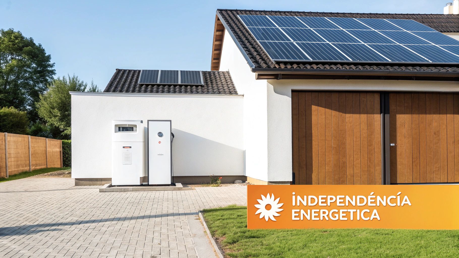 Casa moderna con paneles solares y sistema de almacenamiento de batería para independencia energética total