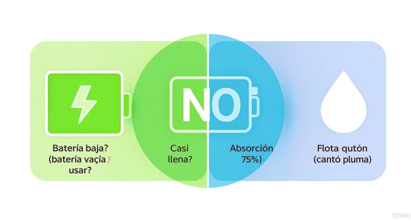 Diagrama de cuatro indicadores para controladores de carga solar: batería baja, batería casi llena, absorción al 75% y flotación