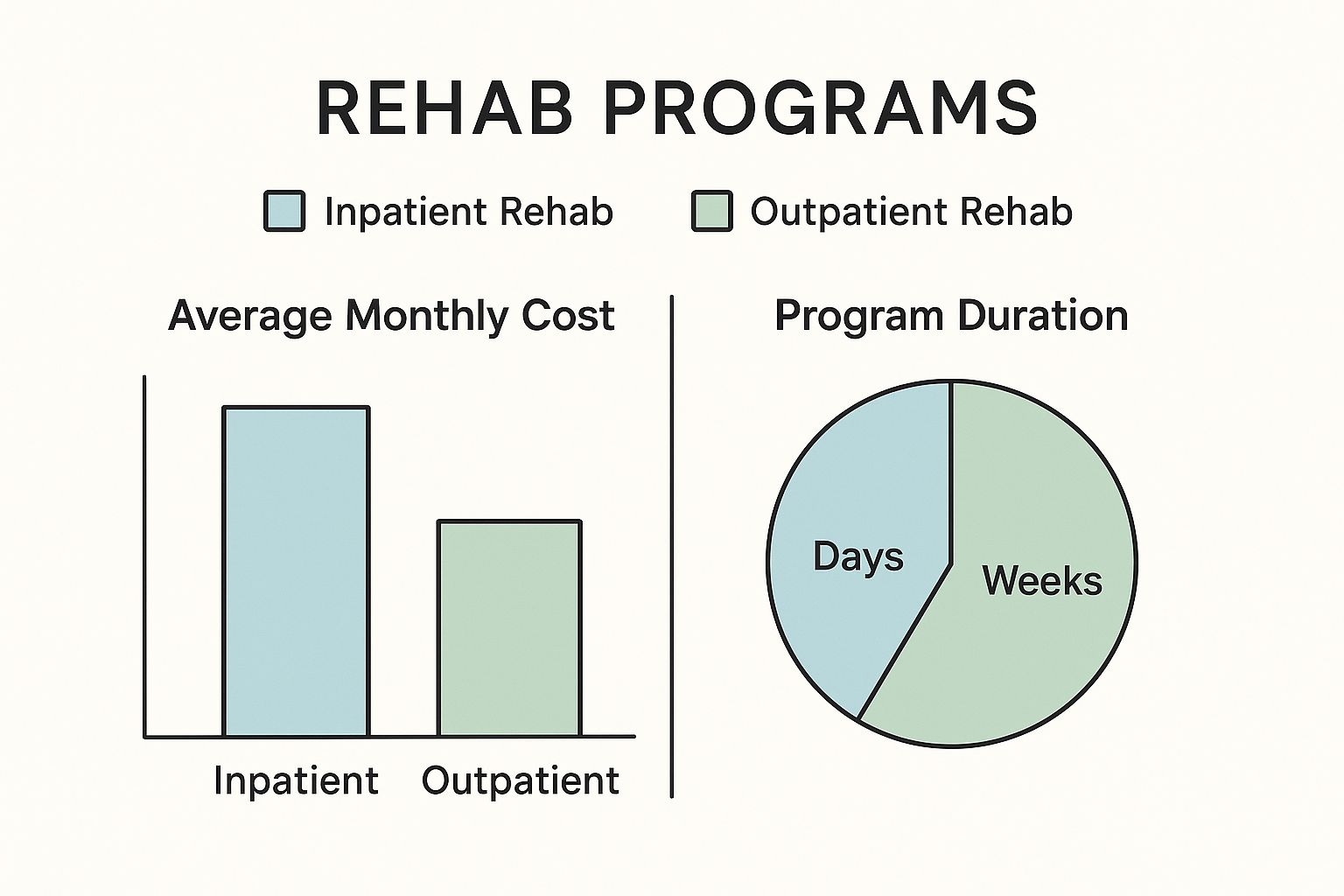 Infographic comparing the average monthly cost and program duration of outpatient vs inpatient rehab.