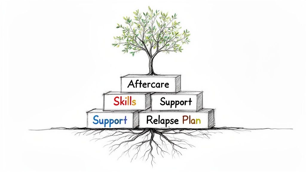 A tree with roots grows from stacked blocks labeled Aftercare, Skills, Support, and Relapse Plan.