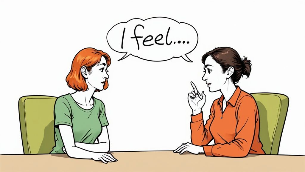 A couple sitting apart on a couch, looking distressed, illustrating the difficulty of communicating with an alcoholic spouse.