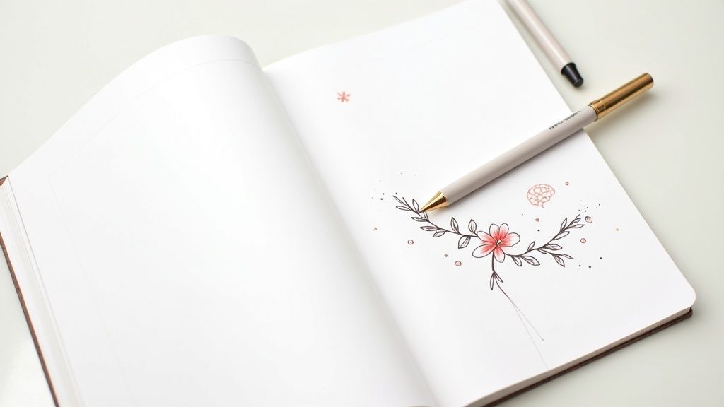 An open journal with a pen, featuring a delicate drawing of a pink flower and leaves.