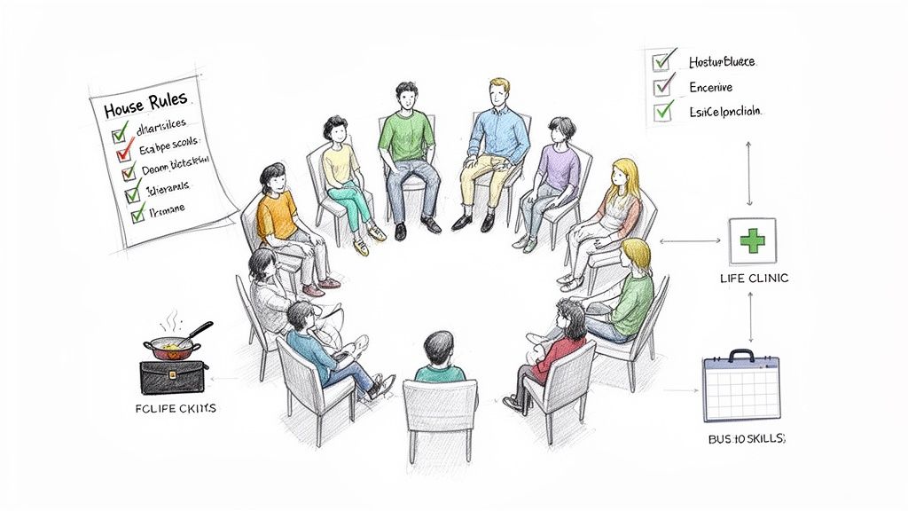 An illustration of a diverse group of people sitting in a circle, surrounded by rules, life clinic, and skill development symbols.