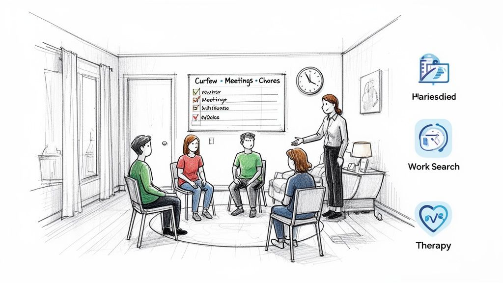 A group of adults attends a therapy session led by a woman with a chore chart.