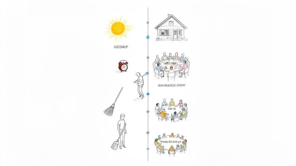 A timeline illustration depicting daily routines and communal activities in a sober living house.