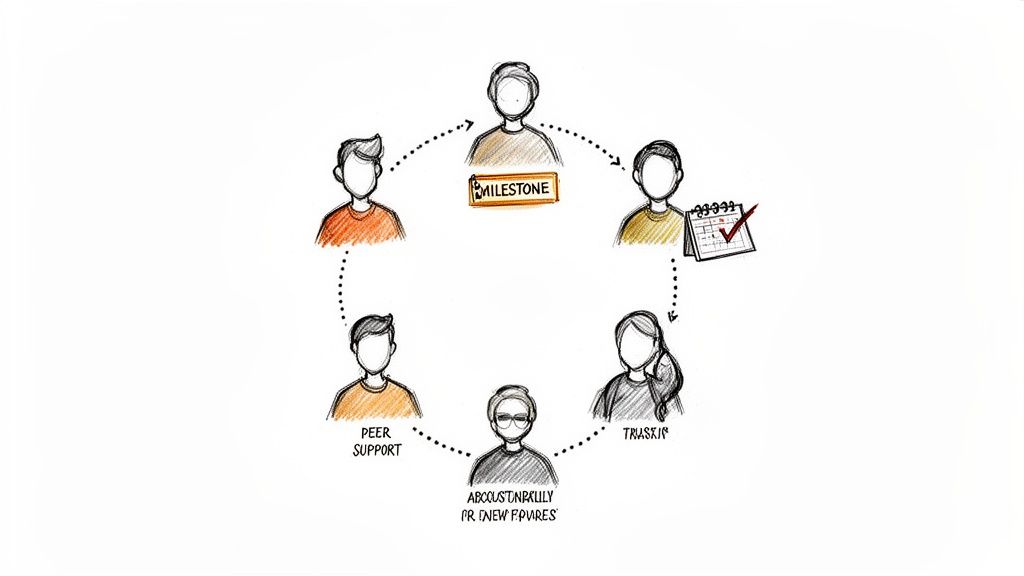 A hand-drawn diagram showing a circular flow of people around a 'MILESTONE', representing peer support and accountability.