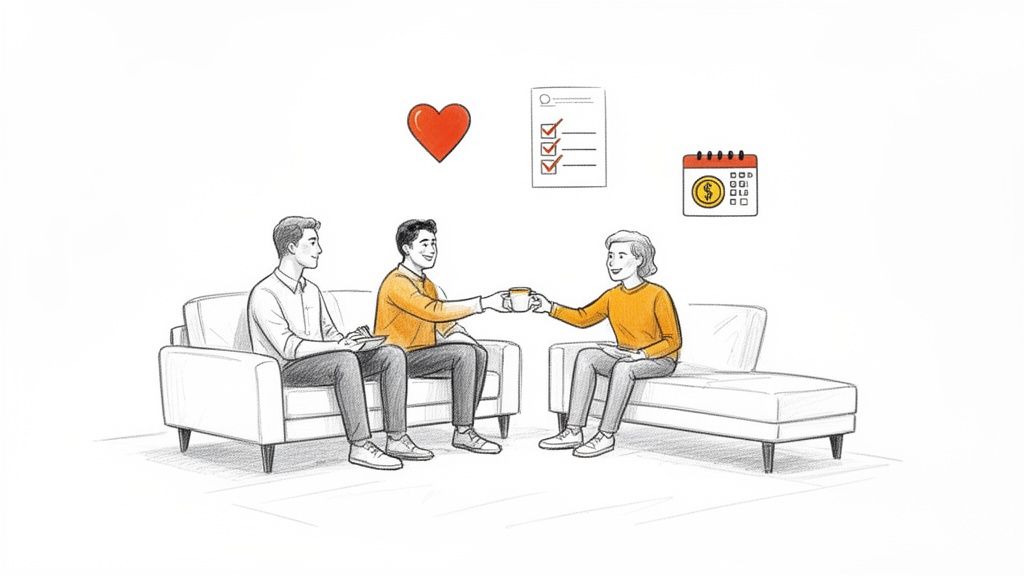 Three people, two men and one woman, sitting on sofas, having a meeting or discussion, with icons representing care, checklist, and finance.