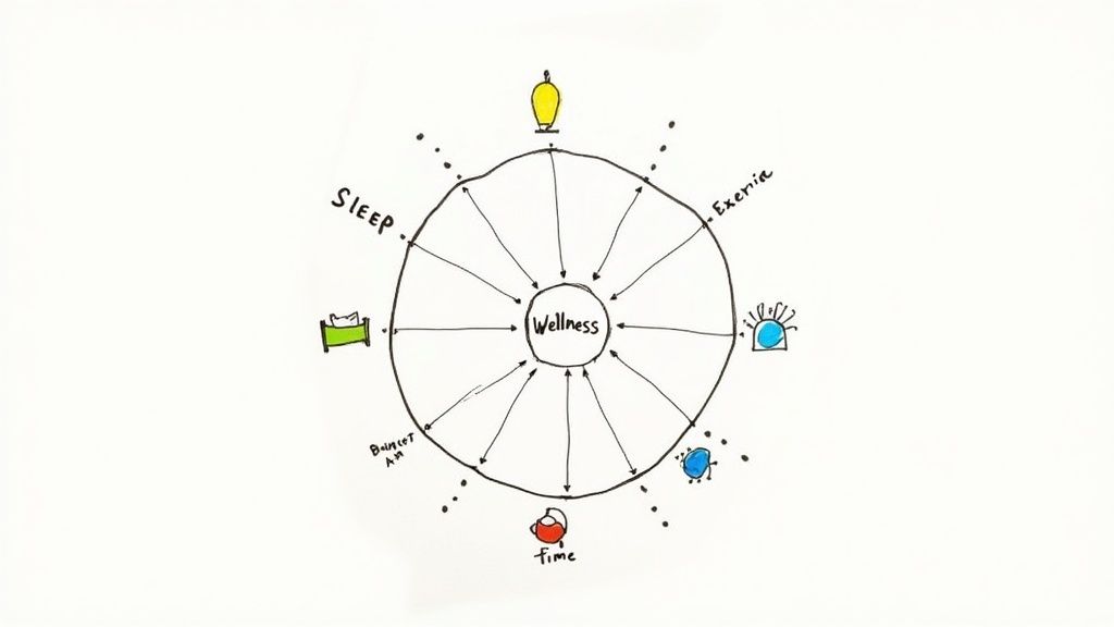 Wellness wheel diagram showing holistic health components including sleep, exercise, time, and balanced living