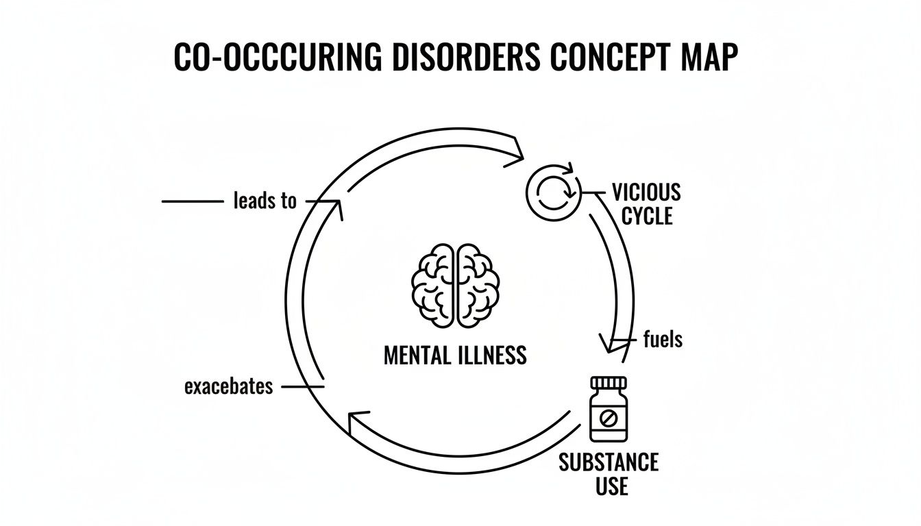 Concept map showing the vicious cycle of co-occurring mental illness and substance use disorders.
