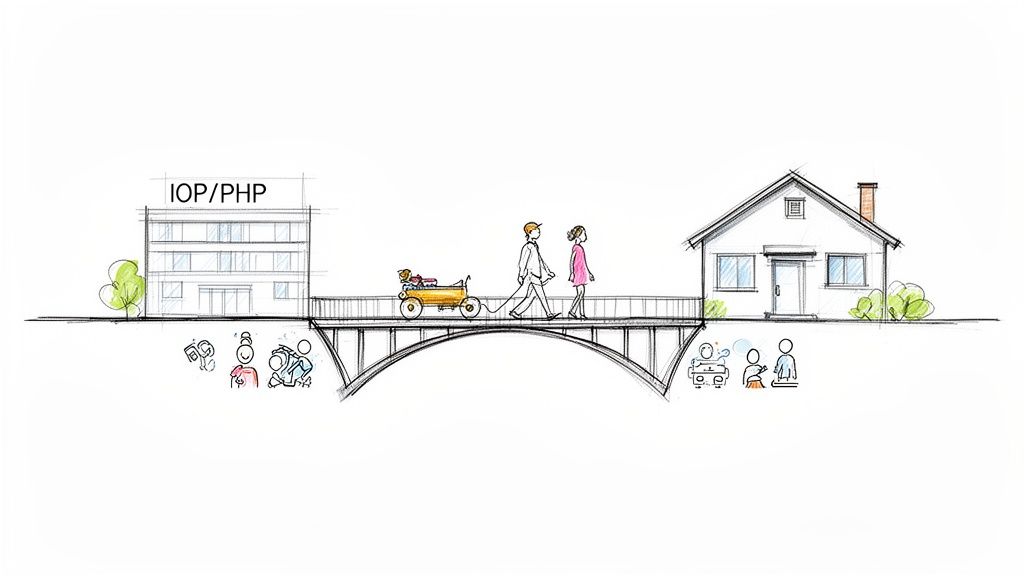 Illustration of a couple and dog on a bridge, connecting a treatment center to a home, symbolizing recovery.