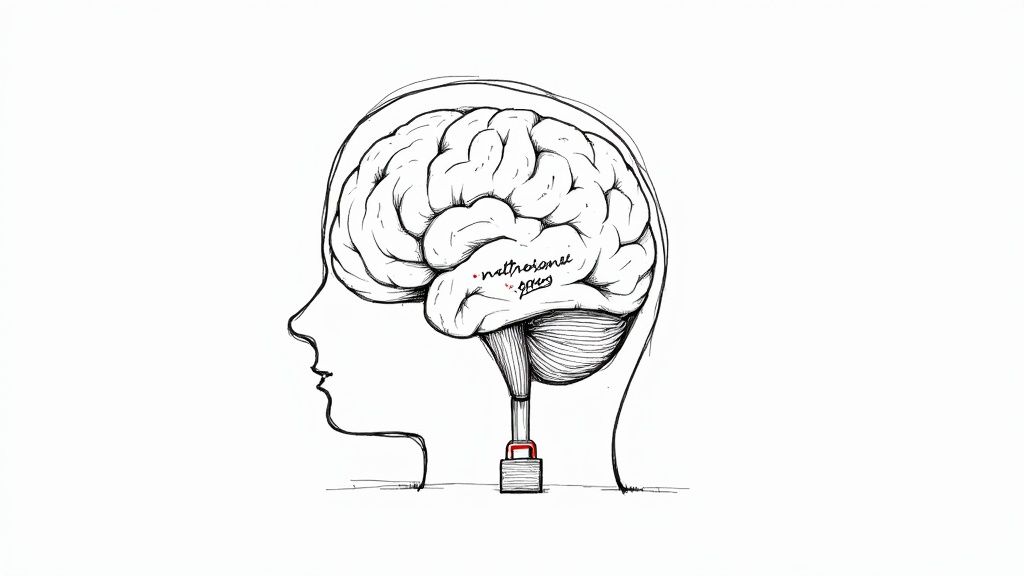 Illustration of a human brain with 'naltrexone open' text and a padlock below, representing restricted access.