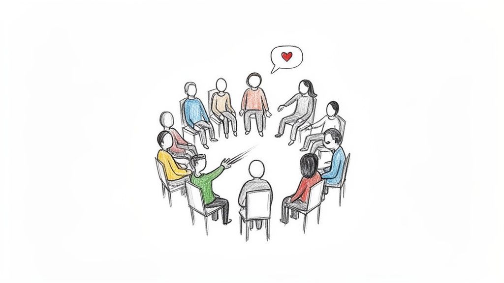 An illustration of diverse people sitting in a support group circle, one person speaks with a heart bubble.