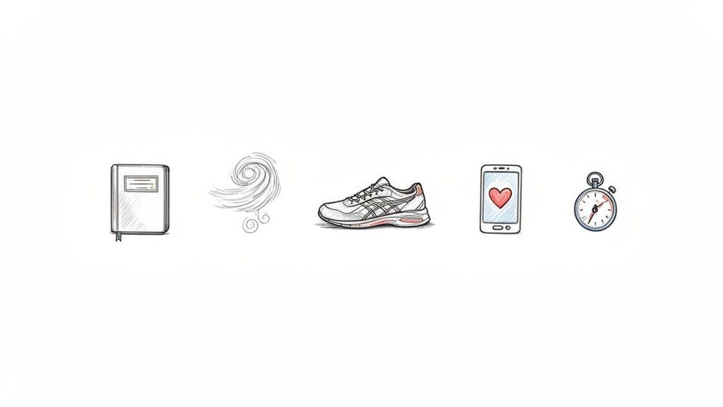 A row of five hand-drawn icons: a book, wind, running shoe, smartphone with a heart, and a stopwatch.