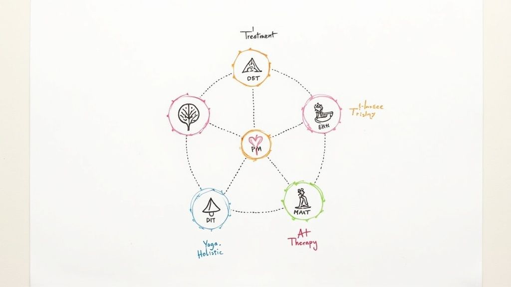 A colorful diagram illustrating various treatment modalities and their interconnectedness around a central PM.
