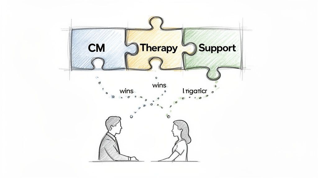 Three puzzle pieces labeled CM, Therapy, and Support above two individuals with dotted 'wins'.