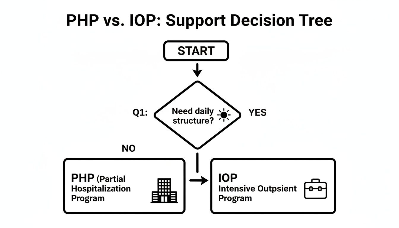 Decision tree comparing PHP and IOP programs, based on the need for daily structure.