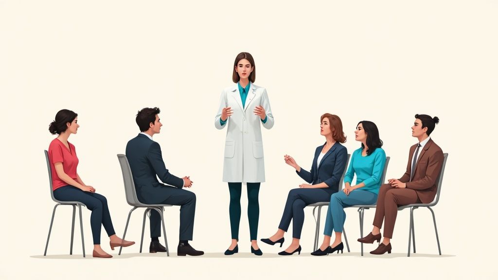 Medical professional leading a therapy session with diverse participants engaged in discussion about addiction recovery and evidence-based therapies.