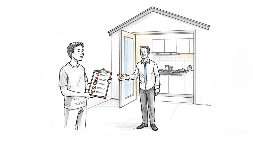 Two men, one holding a checklist, inspect a kitchen area, possibly during a property viewing or assessment.