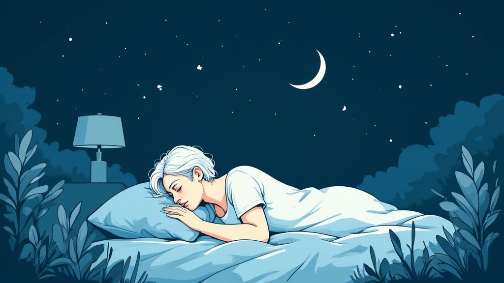 A serene bedroom with a neatly made bed, soft lighting, and blackout curtains, creating a peaceful sleep environment.