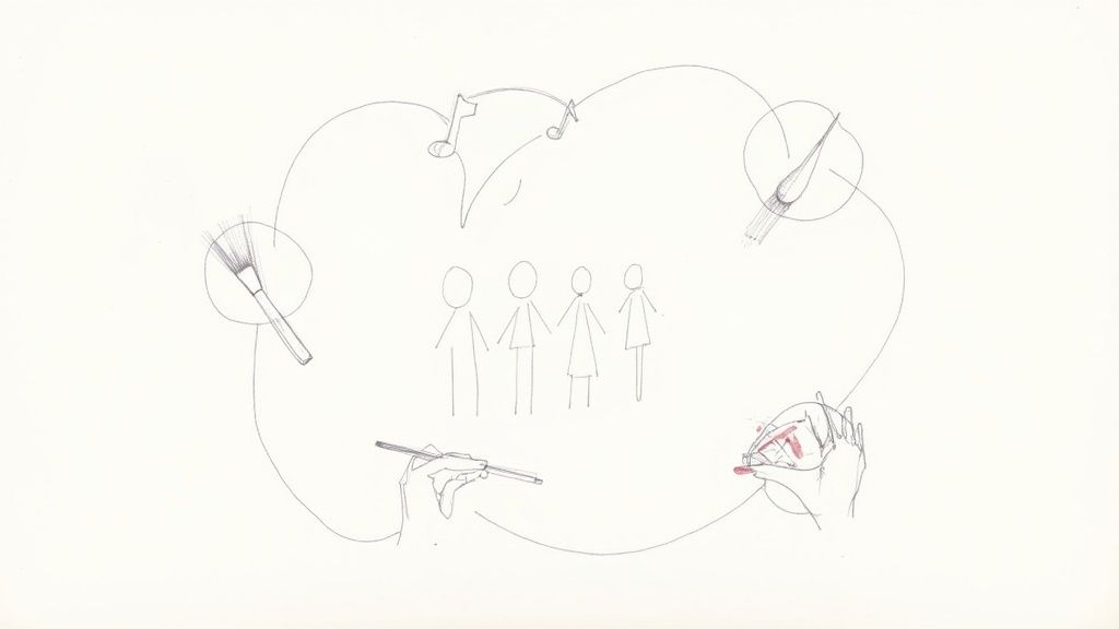 Line drawing of stick figures surrounded by creative elements like brushes, music notes, and hands.