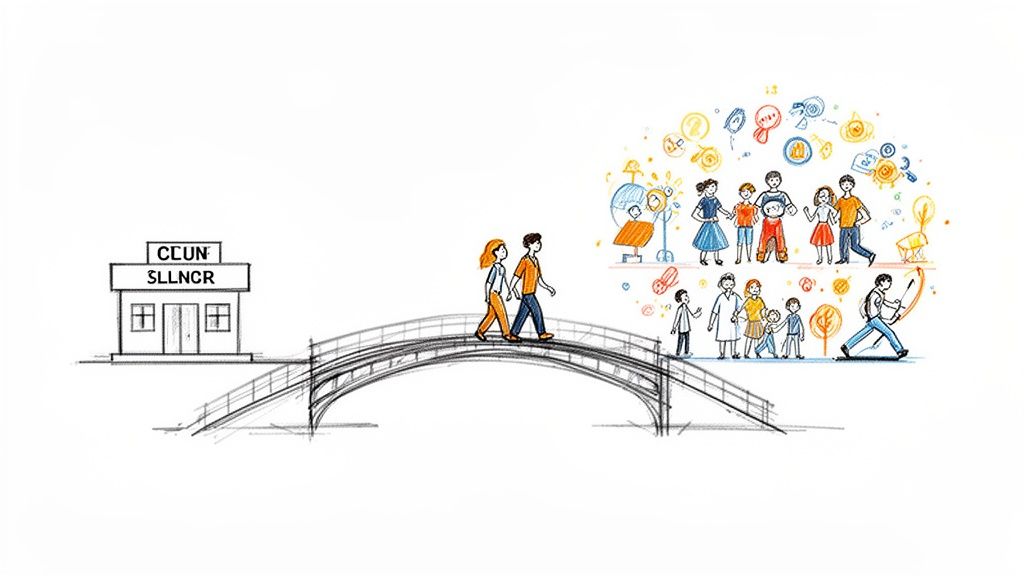 Hand-drawn illustration shows a building connected by a bridge to diverse people and symbols of opportunity.