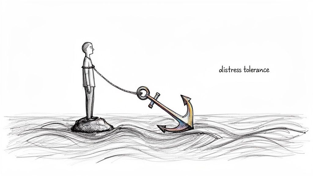 Illustration of a person chained to an anchor in rough water, symbolizing distress tolerance.