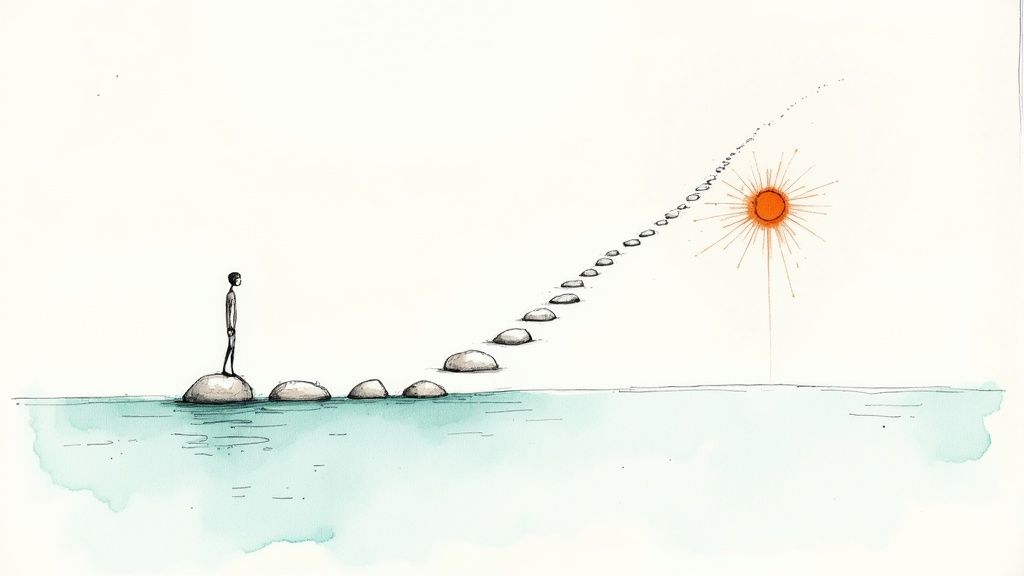 A person stands on a stepping stone, looking at a path of stones leading towards a shining sun.