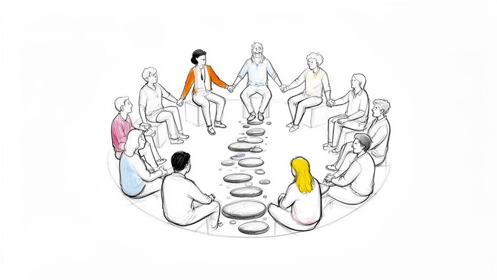 A diverse group sitting in a circle, some holding hands, with stepping stones forming a path.