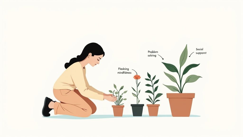 Four abstract pillars representing problem-focused, emotion-focused, social support, and meaning-making coping strategies.