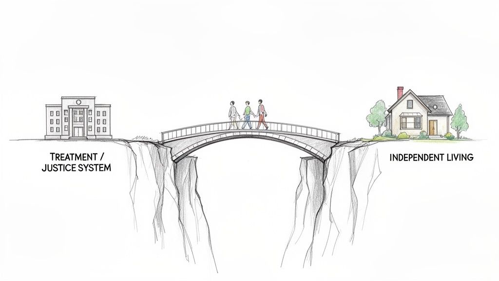A bridge connects 'Treatment / Justice System' to 'Independent Living,' with three people walking across, symbolizing a transition.