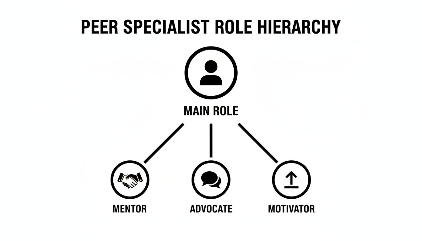 A diagram illustrating the Peer Specialist Role Hierarchy, showing Main Role with sub-roles: Mentor, Advocate, and Motivator.