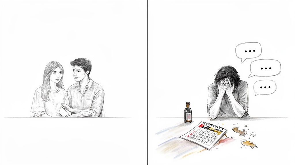 A two-panel illustration showing a couple, then a distressed person with alcohol, a calendar, and thought bubbles.