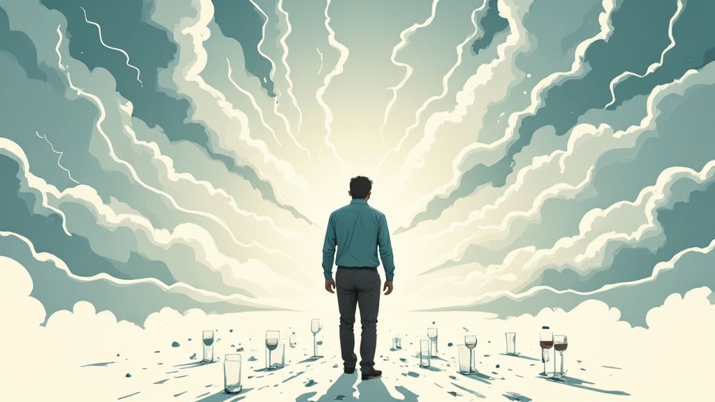 A distressed person sitting on a bed with their head in their hands, symbolizing the stress of living with an alcoholic spouse.