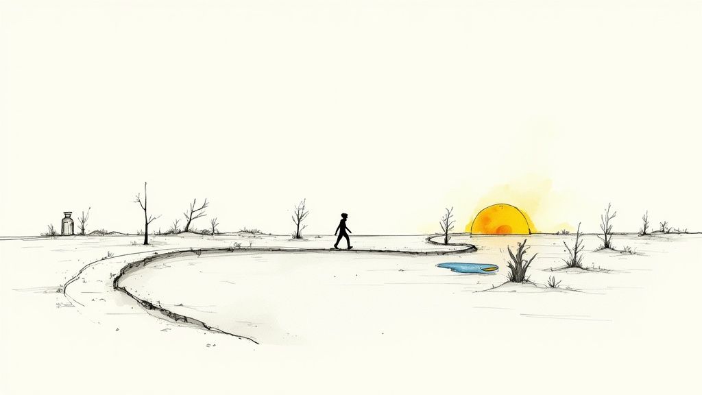 Silhouette of person walking alone through barren desert landscape toward distant sun