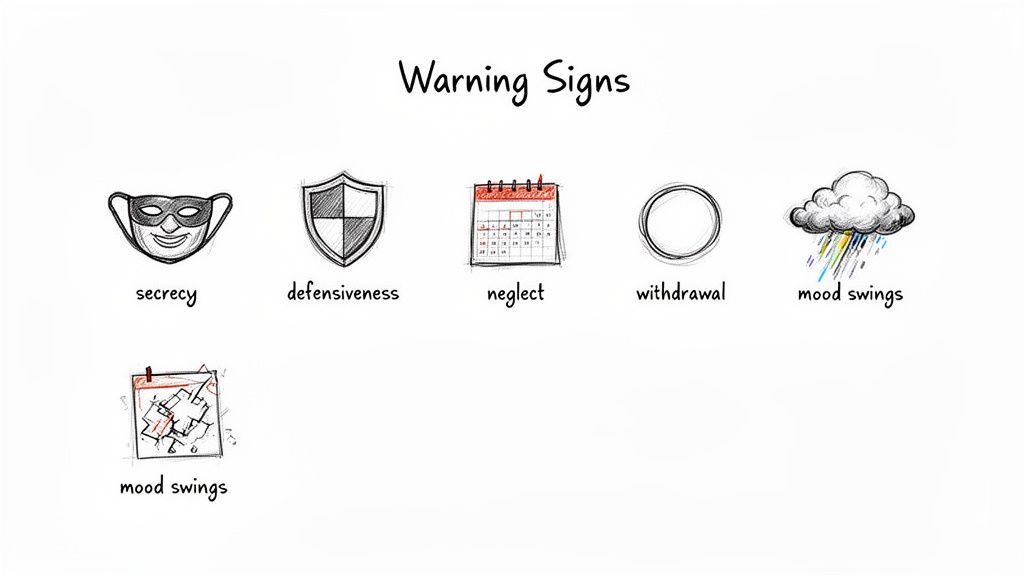 Hand-drawn warning signs: secrecy mask, defensiveness shield, neglect calendar, withdrawal circle, and mood swings.