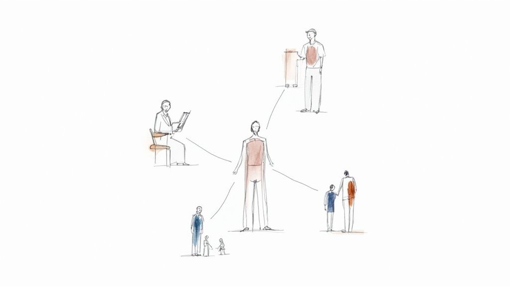 Sketch of a central figure connected to diverse groups of people, possibly representing support networks.