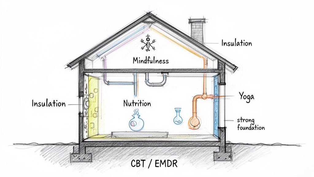 A house diagram illustrating holistic health elements: mindfulness, nutrition, yoga, insulation, CBT/EMDR, strong foundation.