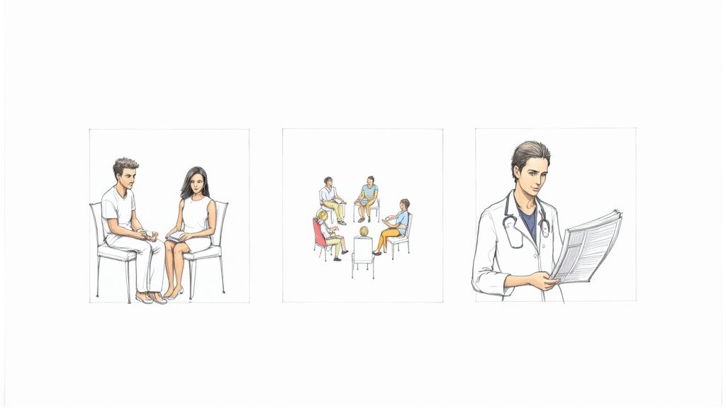 A therapist taking notes while talking to a patient in an outpatient mental health treatment session.