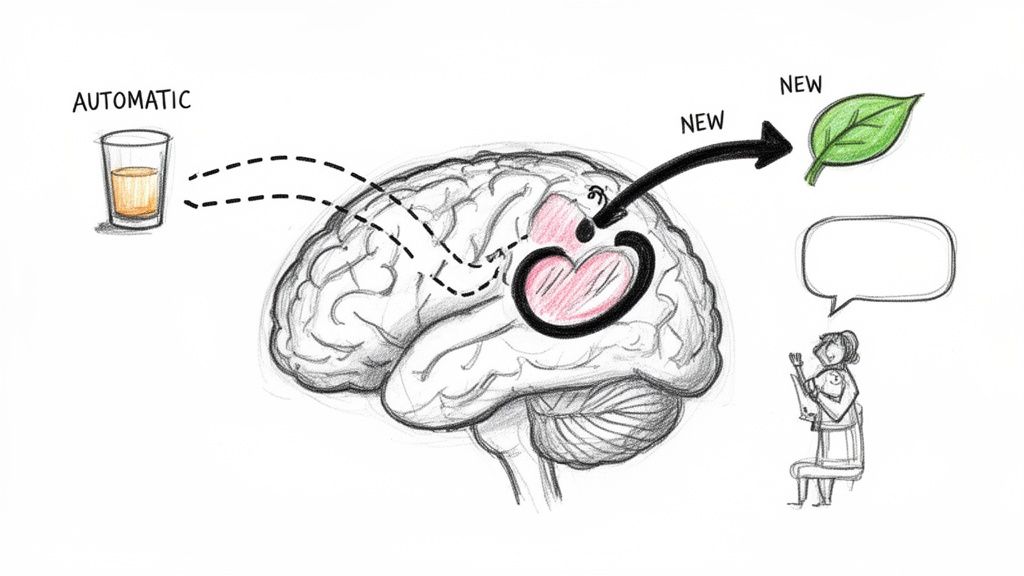 Brain diagram illustrating automatic responses to a glass and a new path towards a leaf, suggesting habit change.