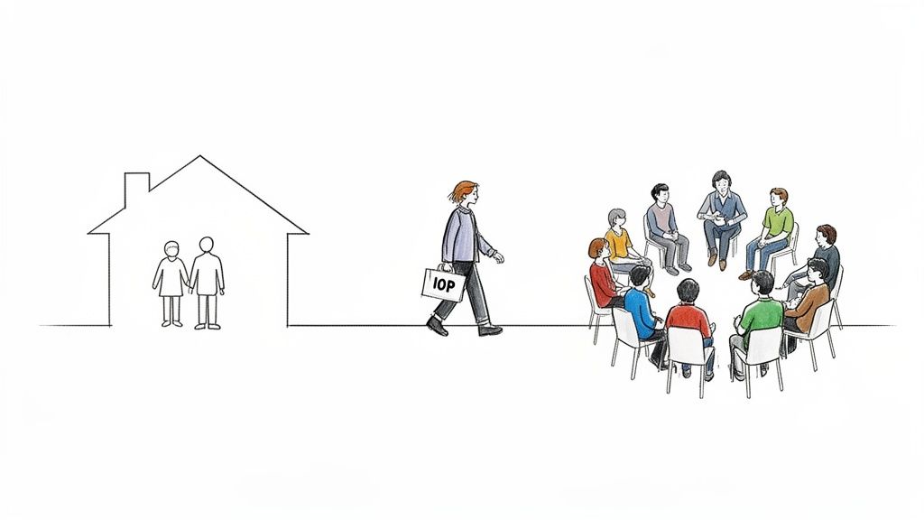 An individual carrying an IOP briefcase walks from a home towards a supportive group therapy session.