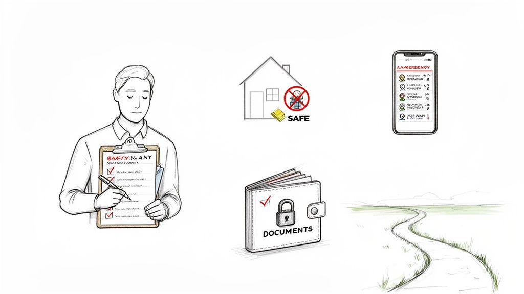 Diagram showing a person creating a safety plan, a safe home, emergency contacts, secure documents, and a path.