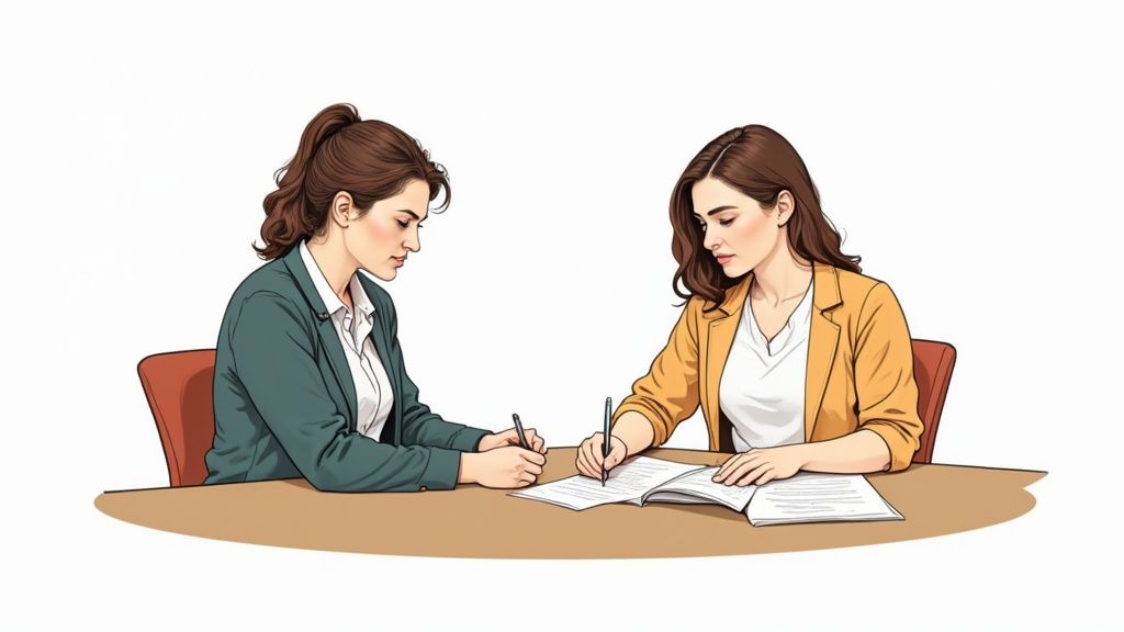 Two women engaged in a counseling session, discussing and taking notes on a treatment plan for addiction recovery.