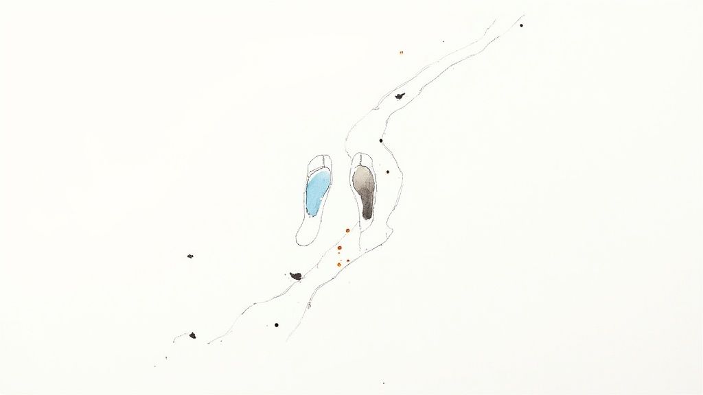 Abstract minimalist drawing of two stylized footprints, one blue and one brown, on a white path.