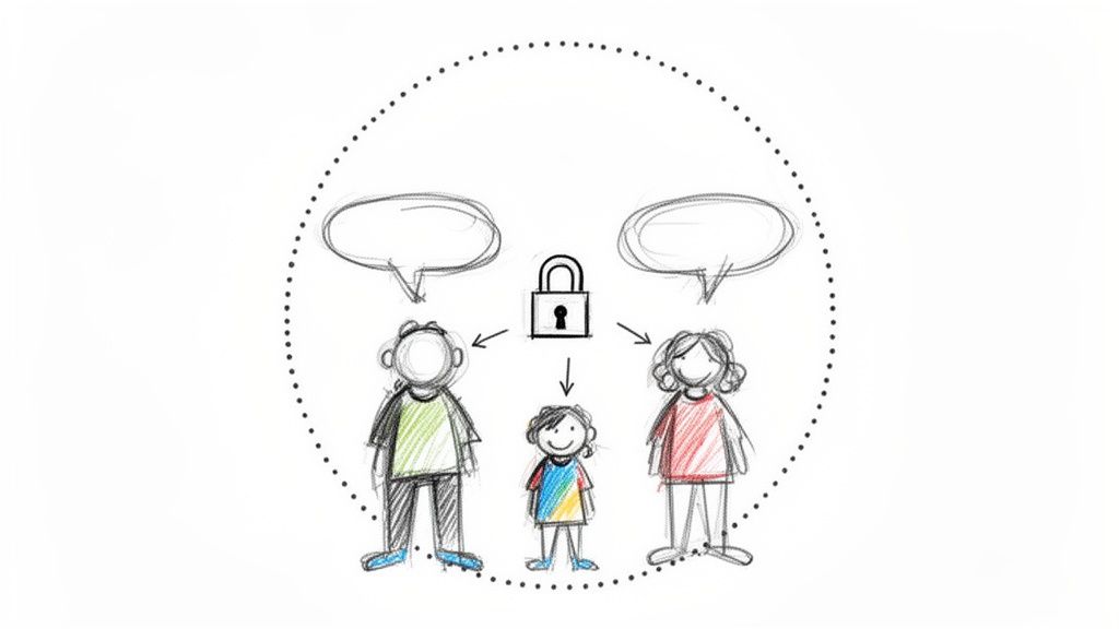 Hand-drawn illustration of a family with a padlock and speech bubbles, symbolizing secure communication or child protection.