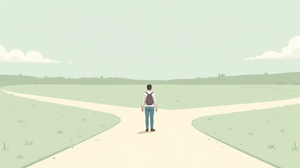 A person hiking a trail, looking at a fork in the path, symbolizing a choice in the recovery journey.