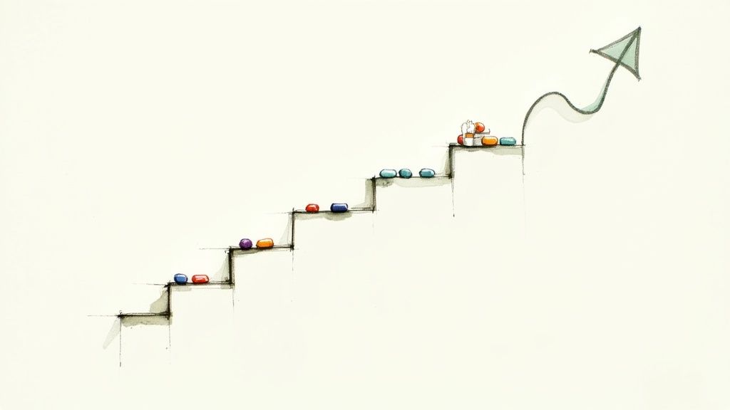 Colorful pills on ascending steps, increasing in number, with a rising arrow.