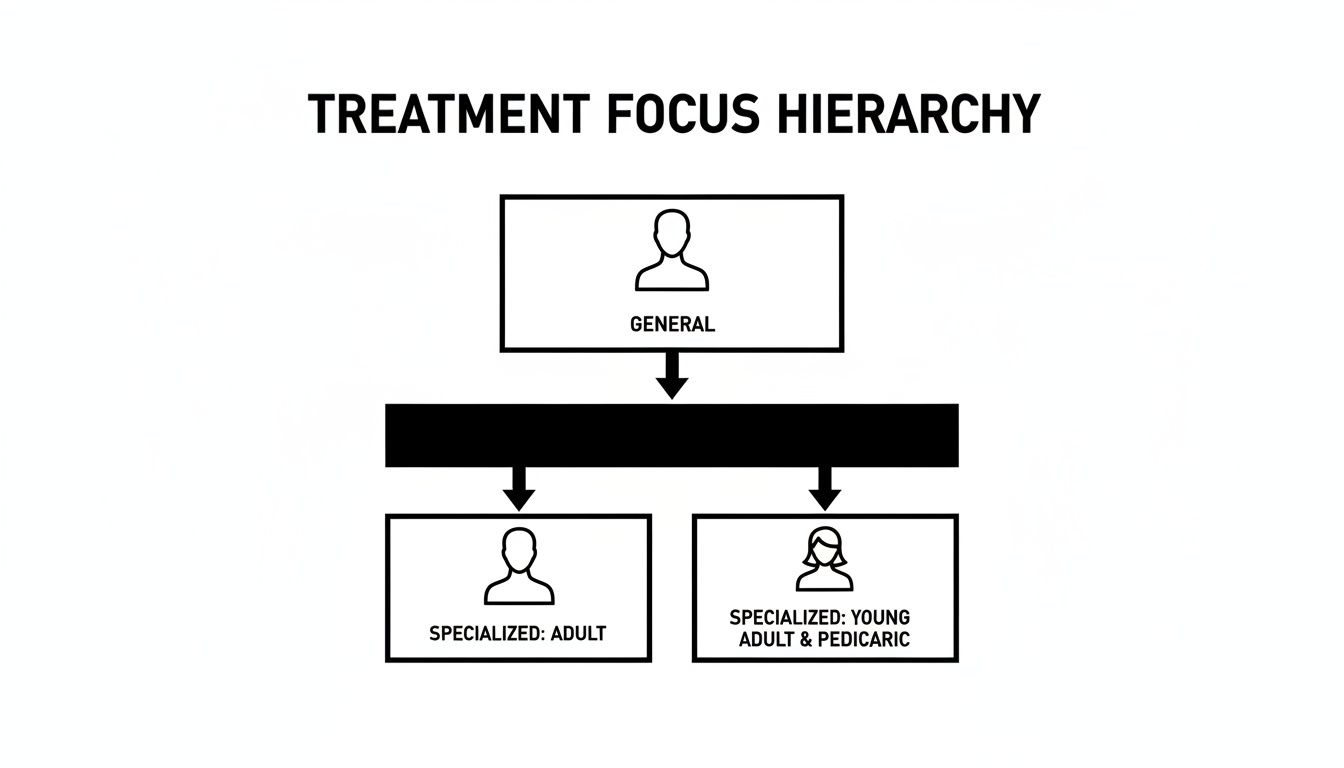 A hierarchy diagram showing treatment focus from general to specialized for adults and young adults/pediatric.
