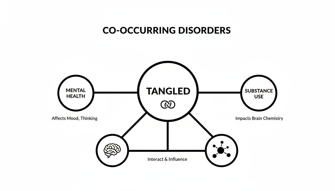Diagram illustrating co-occurring disorders, showing mental health and substance use as interconnected and 'tangled'.