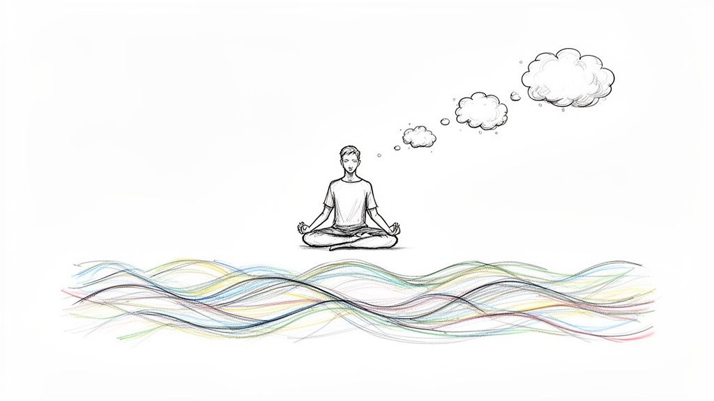 A sketch of a person meditating with thought bubbles above colorful, wavy lines below.